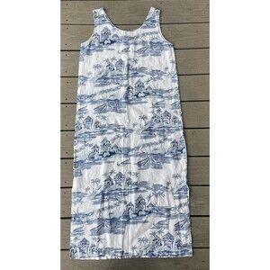C.C. Collection Linen Tropical Island Print Sleeveless Midi Dress White Blue M